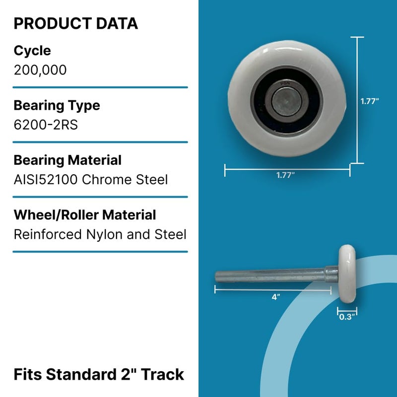 PGN Bearings بكرات باب المرآب من النايلون الأبيض مقاس 2 بوصة من PGN 10 عبوات - استبدال عجلات باب المرآب الهادئة والسلسة - بكرات باب المرآب مع ختم مزدوج - 4 سيقان من الصلب الكربوني - Image 3